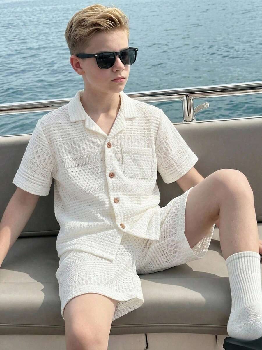 SHEIN 青少年男孩夏季休閒素色紋理短袖襯衫 - 杏色 - 查看 1