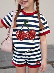 2pcs/Set Young Girl Casual Retro Colorful Striped Faux Cherry Rhinestone Print Round Neck Short Sleeve T-Shirt, Comfortable Summer And Autumn Style, Suitable For Daily Wear - Multicolor - View 3