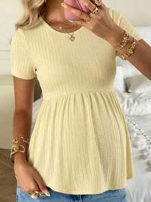 SHEIN Maternity Round Neck Short Sleeve Solid Color Textured High Waist Ruffle Hem T-Shirt - Yellow - View 1