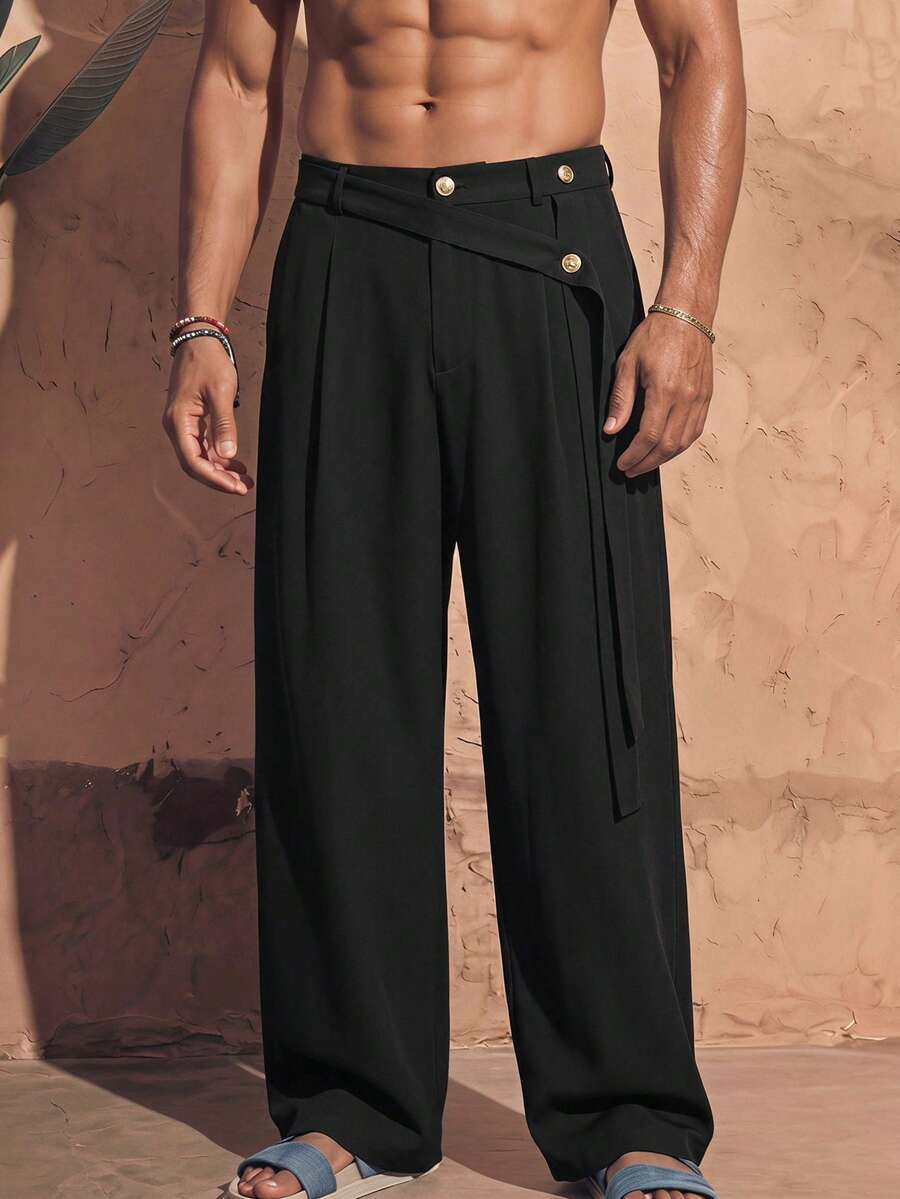 HIMLAND Men's Black Wide Leg Pants With Gold Button And Wrap Strap Waist. Loose Straight Fit, VACATION, . Fashion Style For Summer - Black - View 1