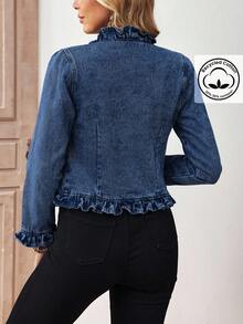 EMERY ROSE Plus Size Women Street Casual Comfortable Ruffle Trim Mid Blue Non-Stretch Denim Jacket - Dark Wash - View 2