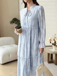 Al Najma Stand Collar Long Sleeve Embossed Jacquard Blue Color Block Dress - Blue - View 11
