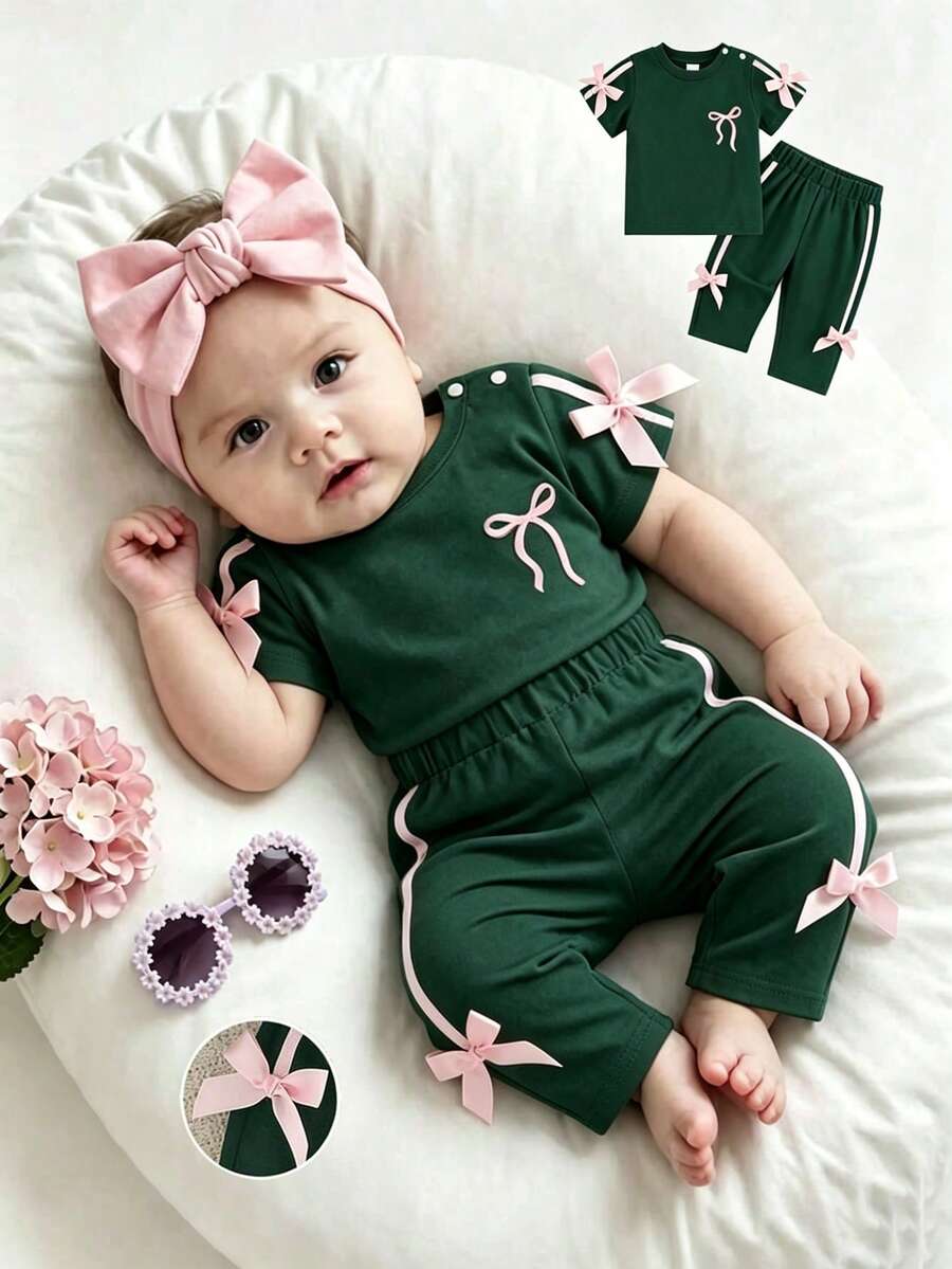 SHEIN 新生女嬰粉黑時尚套裝短袖上衣配3D蝴蝶結可愛套裝 0-9個月嬰兒適用 - 軍綠色 - 查看 1