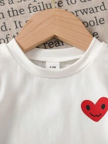 SHEIN Playful Pals 女婴白色休闲爱心印花短袖T恤，适合外出、运动和日常穿着 - 白色 - 查看 6