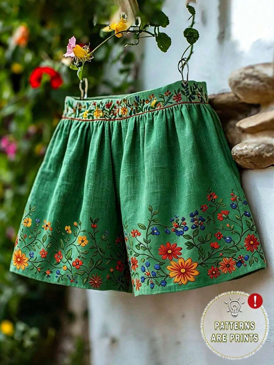 GlowEve 女款花卉印花休閒波西米亞風寬鬆短褲,度假假期適用,綠色花卉夏季款 - 綠色 - 查看 1