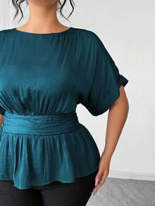 Elenzga Women's Plus Size Island Satin Round Neck Dropped Shoulder Cuffed Sleeve Wide Waist Center Ruched Back Elastic Gathered Short Hem Short Sleeve Blouse, Duck Blue, Elegant French Romantic Vintage Office Commute Business Casual Beach Vacation Street Style Minimalist Versatile Old Money Style Shirt, Wedding Season Valentine's Day Afternoon Tea Party Spring Summer New - Teal Blue - View 3