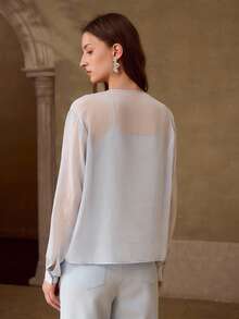 MOTF PREMIUM CHIFFON EMBROIDERY FLORAL TIE NECK SEMI-SHEER TOP - Blue - View 4