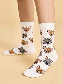 TOM & JERRY X SHEIN 1雙貓咪與老鼠圖案筒襪 - 白色 - 查看 3