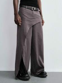ROMWE MEN Essentials Men's Deconstructed Striped Loose Straight Leg Pants - Grey - View 4