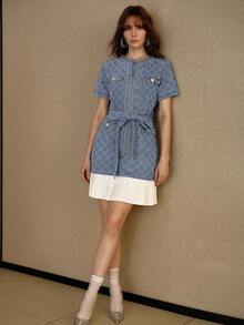 MOTF PREMIUM Vestido de mezclilla con cremallera delantera y patchwork para mujer - Lavado ligero - Ver 6