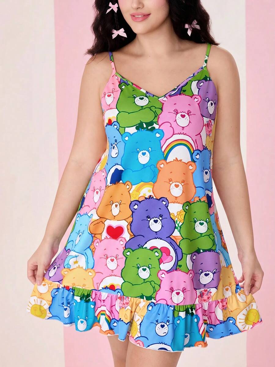 SHEIN X Care Bears Große Größen Nachthemd mit Cartoon Bär Muster und Rüschensaum - Verschiedenfarbig - Übersicht 1