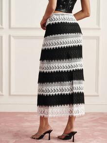 BELROSIE French Elegant 70's Women's Luxury Design Black And White Striped Checkered Contrast Lace Patchwork Straight Mid-Length Skirt Party Dinner Autumn - Black and White - View 7