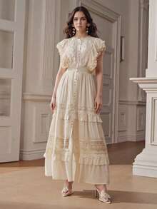 Anewsta Vestido de mujer con cuello de pie, encaje, volantes en la cintura y capas de color marfil - Beis - Ver 3