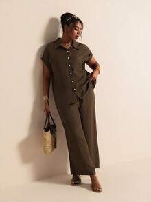 Elaquor Plus Size Women's Solid Color Short Sleeve Single-Breasted Shirt Pants Casual Traditional 2 Pieces Set Summer Vacation Daily Going Out Brunch Formal - Chocolate Brown - View 1