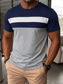 Manfinity CasualCool Kaos Pria Lengan Pendek Kerah Bulat Warna Kontras Kasual Serbaguna - MultiWarna - View 3