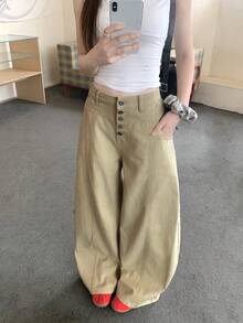 DAZY 女款休閒寬鬆寬腿弧形下擺牛仔褲 夏季 - 卡其色 - 查看 6