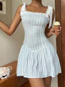 Sunnyshic Women's Summer Striped Jacquard Contrast White Tie-Up Ruched A-Line Casual Vacation Mini Dress - Blue and White - View 6