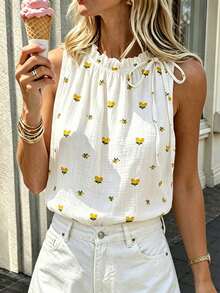SHEIN PariChic Women's Spring/Summer Floral Print Fresh Fashion Drawstring Stand Collar Sleeveless Top - White - View 7
