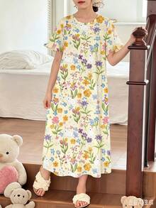 少女可愛甜美復古兔兔花卉印花休閒極簡圓領短袖睡裙，適合夏季度假 - 彩色 - 查看 1
