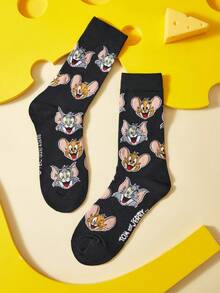 TOM & JERRY X SHEIN 1雙貓咪與老鼠圖案筒襪 - 黑色 - 查看 2