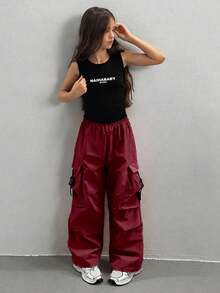 Tween Girls' Solid Color Elastic Waist Casual Versatile Cargo Pants - Burgundy - View 4