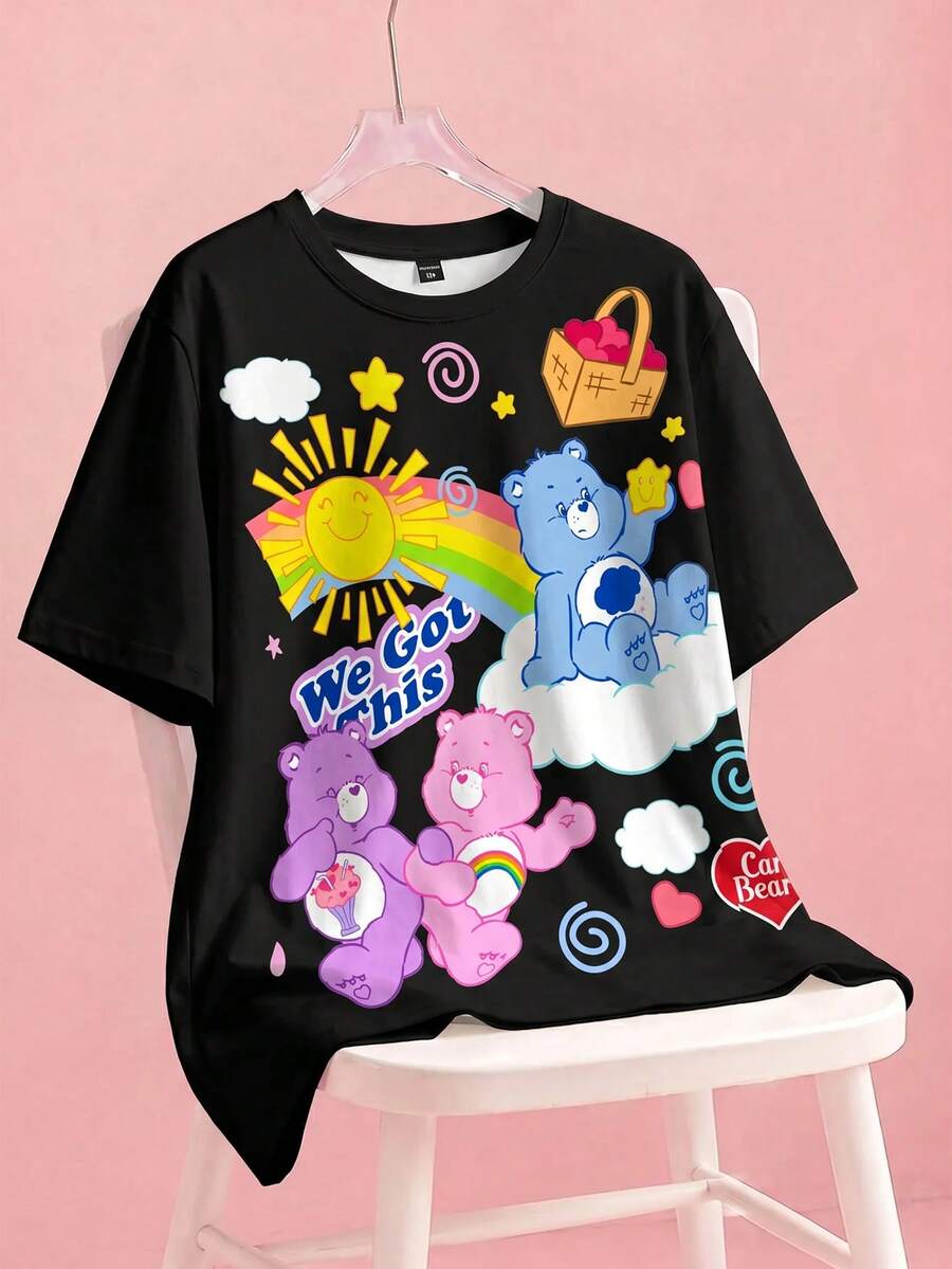 SHEIN X Care Bears 大尺碼夏季休閒卡通印花T恤 - 白色 - 查看 1