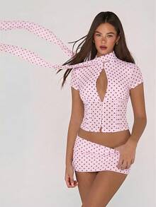 SHEIN ICON 女款 2 件組波點網格印花鏤空前開襟上衣與緊身迷你裙套裝 - 粉色 - 查看 6