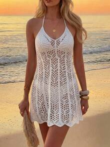 Swim Vcay Vestido de playa casual para mujer Swim Chiccia primavera/verano, cuello en V, sin mangas, hombros descubiertos, espalda abierta con lazo, traje de baño casual, negro, sexy, para club, salidas, conciertos, fiestas, citas y vacaciones - Blanco - Ver 3