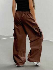 SHEIN Tween Girl Solid Color Loose Straight Leg Pants With Pockets - Brown - View 2