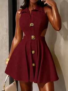 Glyssa Women's Lapel Sleeveless Short Waist-Cinching Asymmetrical Metal Buckle Hollow-Out A-Line Fashion Dress Series New Year Spring New Luxury Valentine's Day Sweet Party New Year's Eve Yellow Elegant Dress - Burgundy - View 4