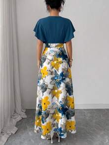Elenzga Vestido ajustado y acampanado con cuello cruzado, volantes y mangas cortas, con estampado floral colorido, para primavera/verano - Multicolor - Ver 3