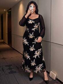 Modelyn 大码女式刺绣优雅连衣裙，适合约会和度假 - 黑色 - 查看 5