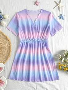 Tween Girls Colorful Gradient Pattern Printed Mesh Cover-Up, Random Print Sun Protection Cover-Up, Suitable For Beach, Vacation, Travel, Summer - Multicolor - View 1