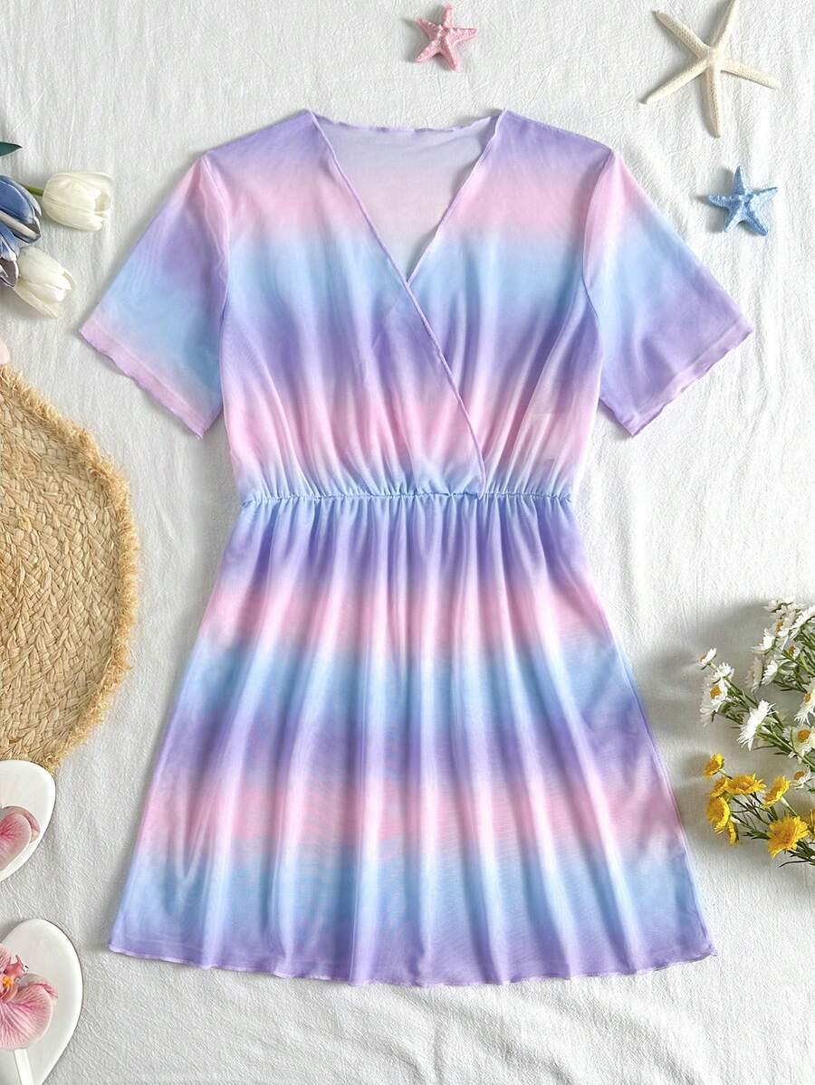 Tween Girls Colorful Gradient Pattern Printed Mesh Cover-Up, Random Print Sun Protection Cover-Up, Suitable For Beach, Vacation, Travel, Summer - Multicolor - View 1
