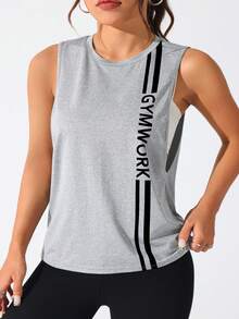 SHEIN Rhythm Era Damen Große Größen Sport Yoga Outdoor Fitness Tanktop Ärmellos T-Shirt 2 Stücke Set mit Brust einseitig Doppelstreifen Buchstaben Muster Basic minimalistischer Stil - Verschiedenfarbig - Übersicht 4