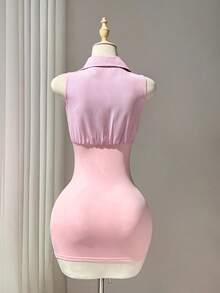 Elamini Vestido ajustado para mujer estilo sexy y puro deseo, primavera/verano, con camisola sin mangas, volantes plisados, lazo con nudo, tejido de punto y patchwork de tela tejida a rayas rosas - Rosa - Ver 2
