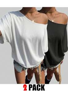 Muchica 休閒街頭風 95% 棉 黑白配色 百搭寬鬆不對稱領 女款 T-shirt，適合春夏度假 - 彩色 - 查看 7