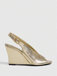 CUCCOO SZL 女款時尚優雅楔形粗跟高跟涼鞋，圓頭露趾後扣帶slingback，適合春夏秋季 - 淺金色 - 查看 2