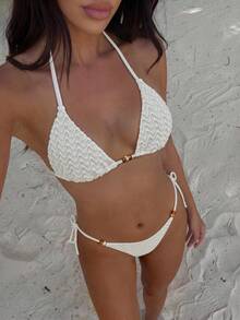 Swim Mod Women's Spring/Summer Jacquard Fabric Halter Neck Beaded Bikini Set - Beige - View 4