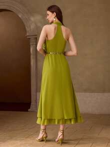 MOTF PREMIUM WOMEN'S FLORAL DECOR SEQUIN HALTER NECK CINCHED WAIST FLARED DRESS - Olive Green - View 6