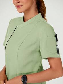 TaskEZ Blusa de trabajo de manga corta de unicolor para mujer - Verde - Ver 4