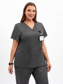 TaskEZ Scrub Tops For Women - Sweetheart V-Neck Scrub Top ,Women Short Sleeve V-Neck Nurse Uniform - Grey - View 4