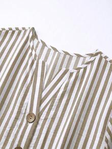 SHEIN 女款梭織條紋休閒通勤夏季襯衫 - 綠色 - 查看 4