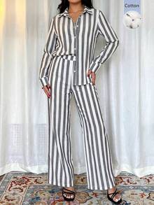 SHEIN Franclia 女款法式優雅休閒通勤返校條紋長袖兩件套 - 彩色 - 查看 5
