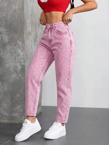 SHEIN ICON 女款高腰口袋休閒百搭牛仔媽媽牛仔褲 - 西瓜粉 - 查看 5
