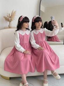 Tween Girl Tween Girl Colorblock Peter Pan Collar Long Sleeve Button Design Elegant Dress - Pink - View 5