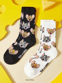 TOM & JERRY X SHEIN 1雙貓咪與老鼠圖案筒襪 - 白色 - 查看 5
