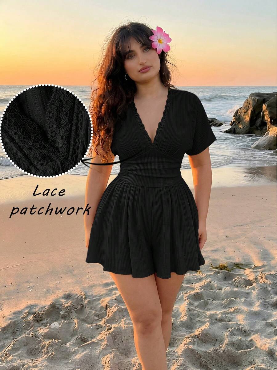SHEIN MOD Bộ jumpsuit tay cánh dơi cổ chữ V viền ren dành cho nữ cỡ lớn, màu mơ, trang phục thường ngày. - màu đen - Xem 1