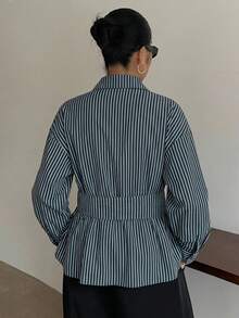 Dazy Plus 大尺碼女款純色翻領半鈕扣前襟綁帶下擺白色長袖襯衫 春秋夏季 - 藏蓝色 - 查看 3