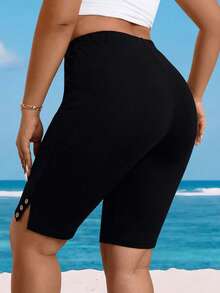 EMERY ROSE Plus Size Casual Solid Color High Waist Leggings - Black - View 2